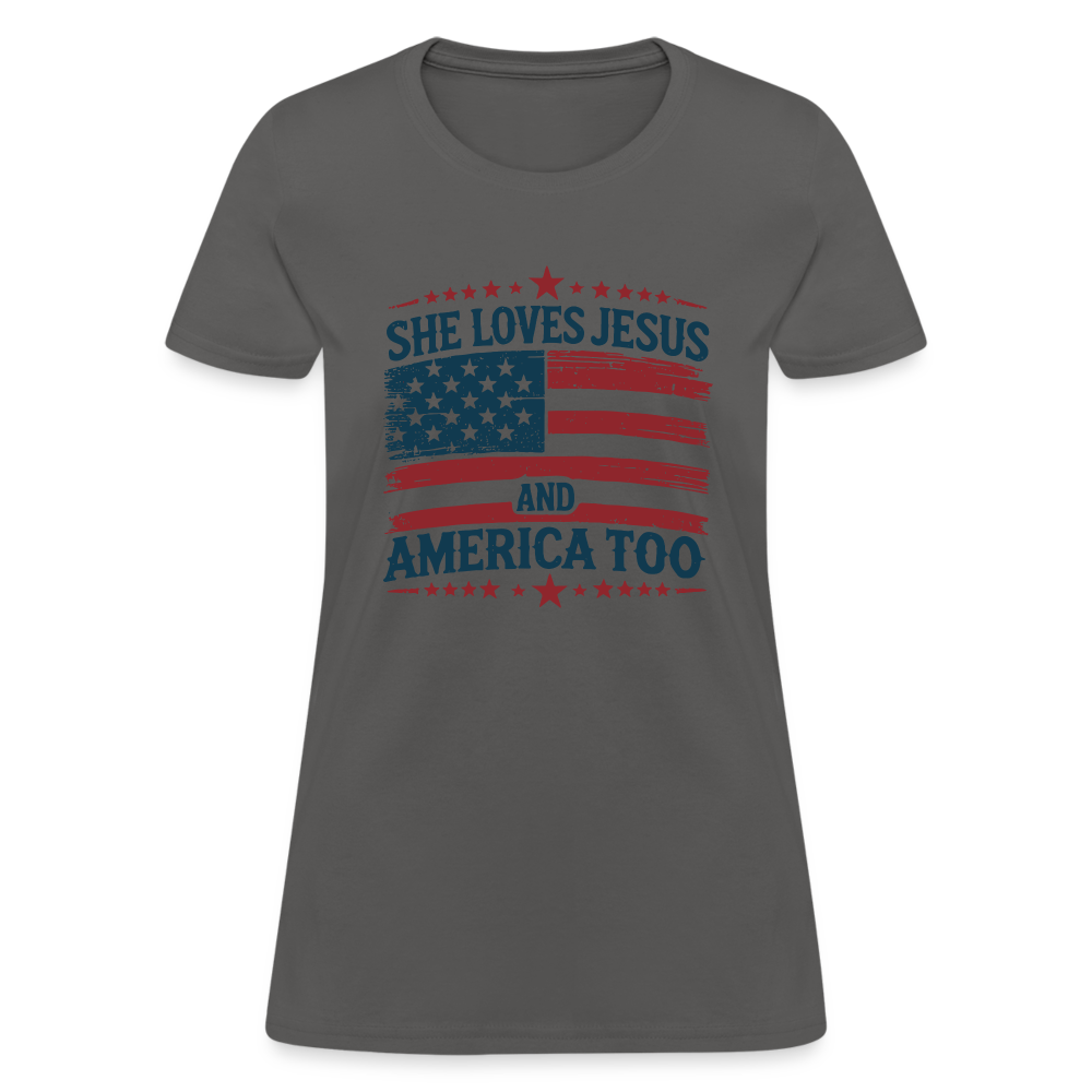 She Loves Jesus and America Too Women's T-Shirt - charcoal