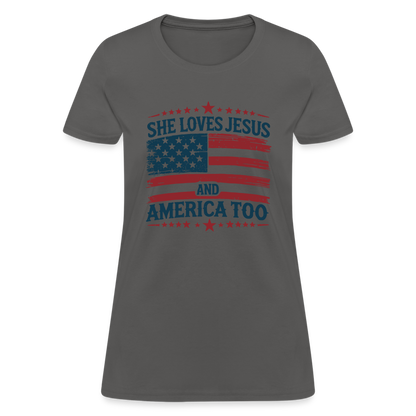 She Loves Jesus and America Too Women's T-Shirt - charcoal