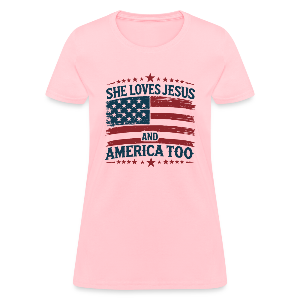 She Loves Jesus and America Too Women's T-Shirt - pink