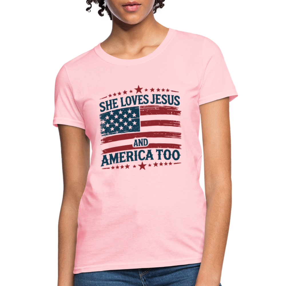 She Loves Jesus and America Too Women's T-Shirt - pink