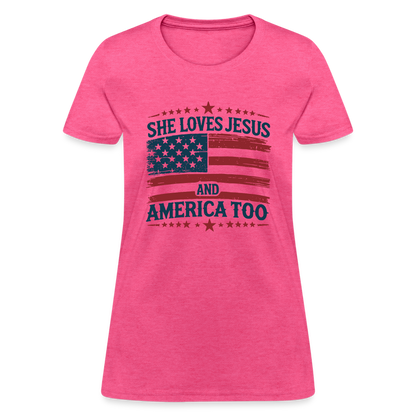 She Loves Jesus and America Too Women's T-Shirt - heather pink