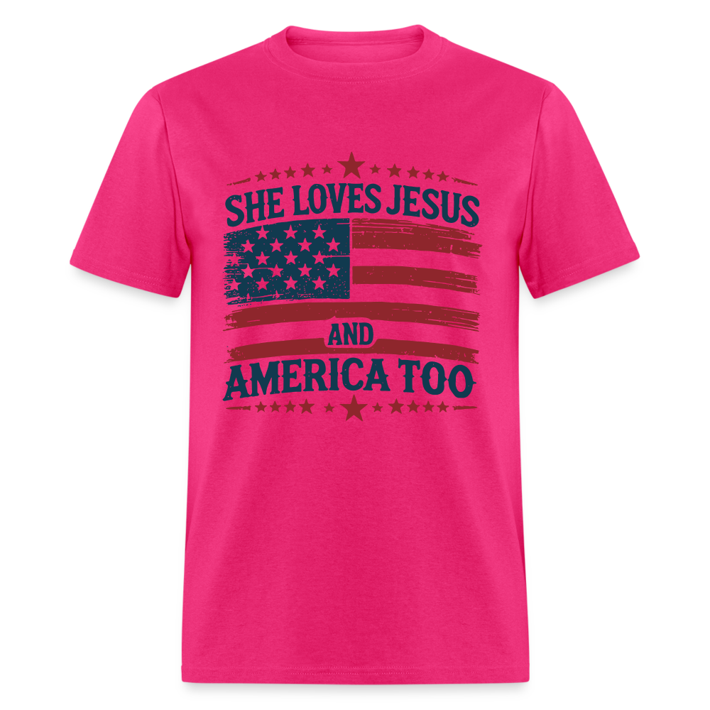 She Loves Jesus and America Too T-Shirt - fuchsia