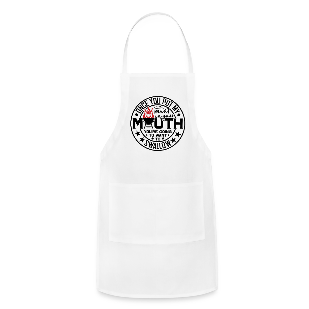 Meat in Mouth, Swallow (Funny BBQ Grilling Humor) Adjustable Apron - white