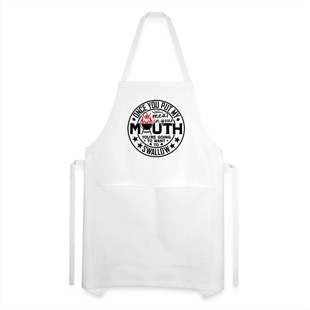 Meat in Mouth, Swallow (Funny BBQ Grilling Humor) Adjustable Apron - white