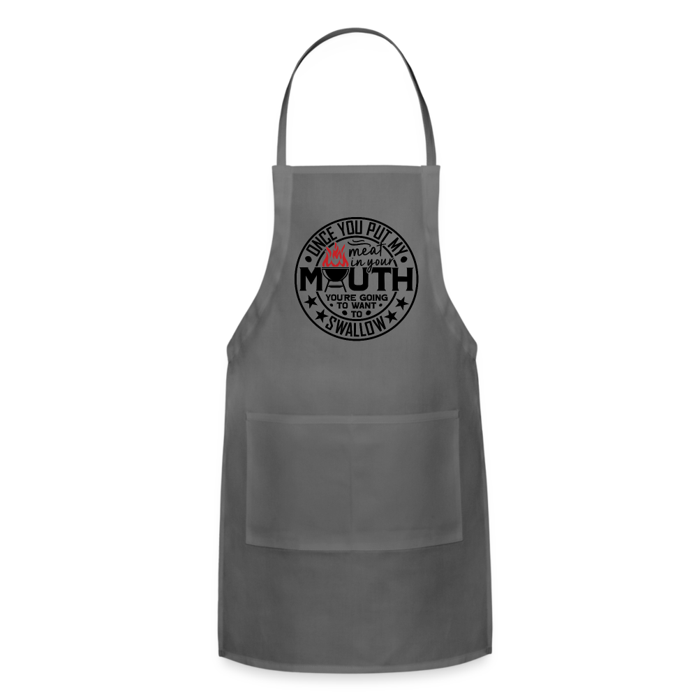 Meat in Mouth, Swallow (Funny BBQ Grilling Humor) Adjustable Apron - charcoal