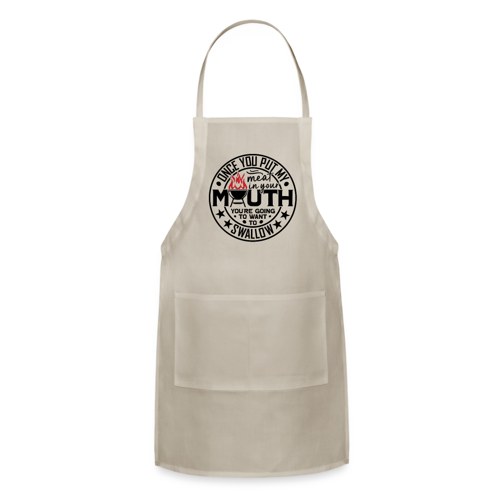 Meat in Mouth, Swallow (Funny BBQ Grilling Humor) Adjustable Apron - natural